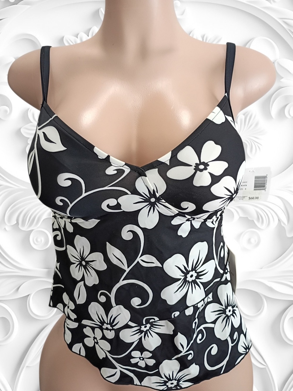 Carribean Joe Black & White Floral Tankini